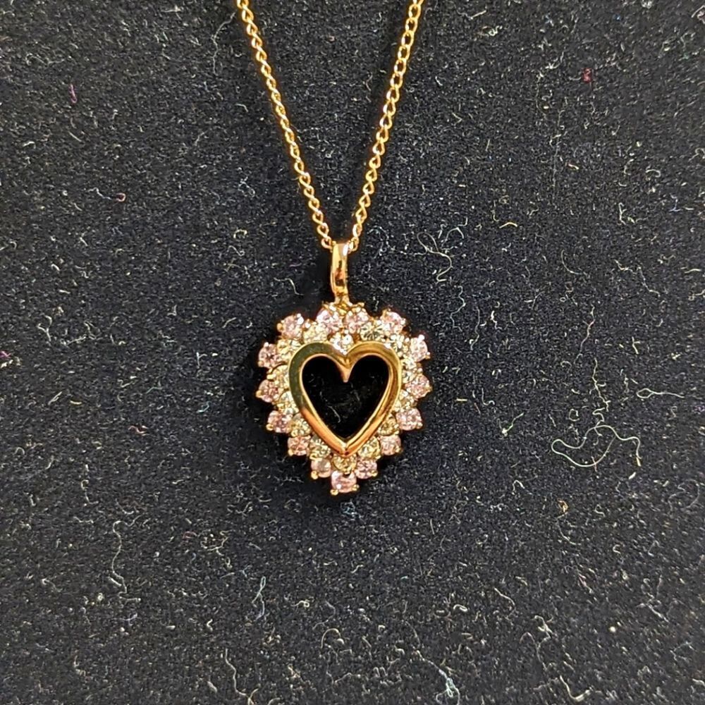 Heart Shaped Pendant w/ Clear & Pale Pink CZ's - Gold over Sterling Silver - Picture 10 of 14